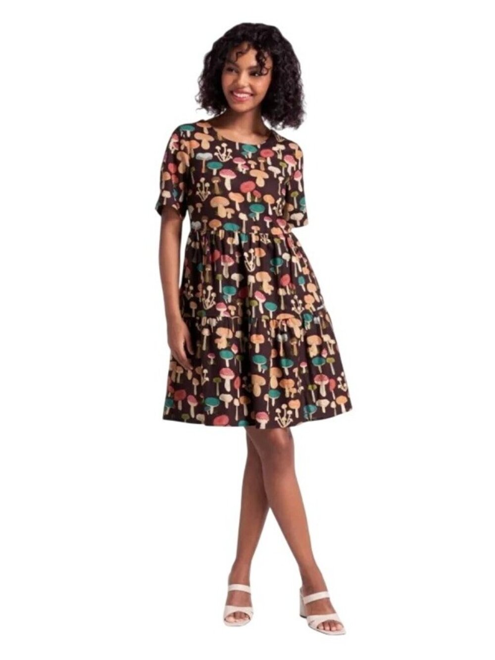 Princess Highway Size 2 Mushroom Print Short Sleeve Tiered Dress Linen Blend NWT